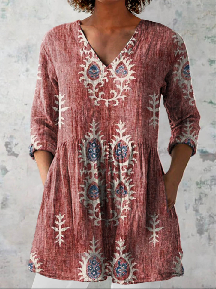 Rote Damen-Tunika mit V-Ausschnitt, Boho-Blumenmuster, gerafftem Bund und lockerer Passform.