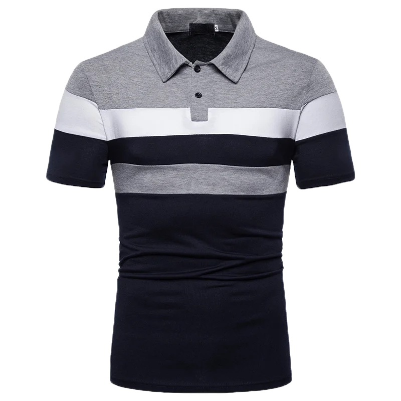 Raphael Herren Polo-Shirt im modernen Color-Block-Design mit grau-weiß-dunkelblauen Streifen und klassischem Kragen.
