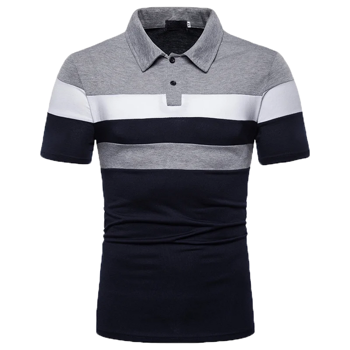 Raphael Herren Polo-Shirt im modernen Color-Block-Design mit grau-weiß-dunkelblauen Streifen und klassischem Kragen.