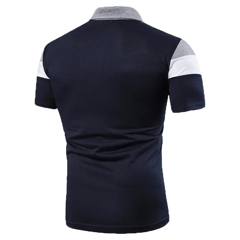 Dunkelblaues Raphael Herren-Poloshirt mit Color-Block-Design, grauem Kragen und weiß-grauen Ärmeldetails.