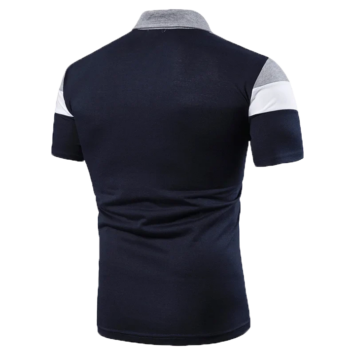 Dunkelblaues Raphael Herren-Poloshirt mit Color-Block-Design, grauem Kragen und weiß-grauen Ärmeldetails.