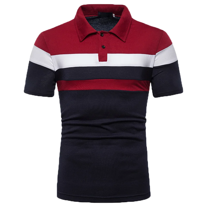 Raphael Herren-Poloshirt mit modernem Color-Block-Design in Dunkelblau, Weiß und Dunkelrot mit klassischem Kragen.