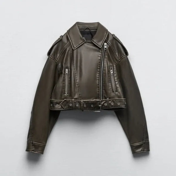 Romy | Damen Cropped Bikerjacke in Lederoptik