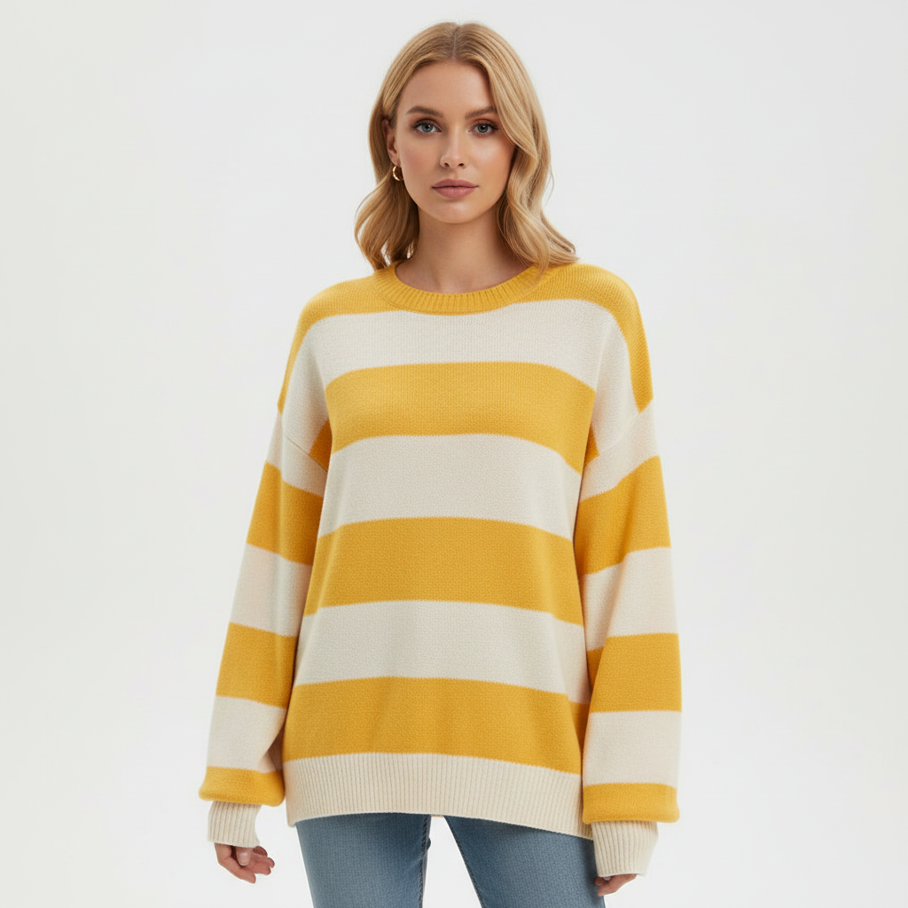 Weicher, gelb-weiß gestreifter Oversized-Strickpullover mit Rundhalsausschnitt und bequemer Passform für einen lässigen Look.