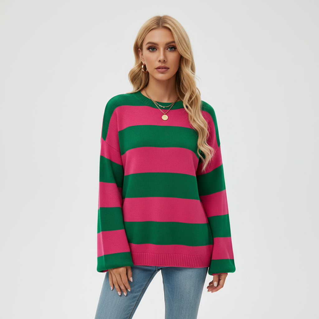 Oversized Damen-Strickpullover Romy mit weichem Griff, Rundhalsausschnitt und markantem grün-pinkem Streifenmuster.