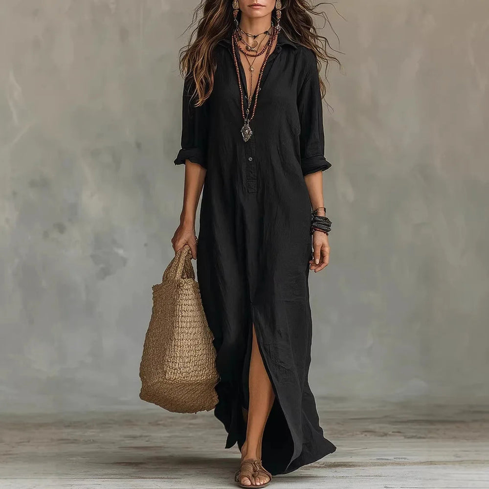 Romy Damen Leinen Hemdblusenkleid in Schwarz, knöchellang, mit Dreiviertelärmeln und Umschlagkragen.