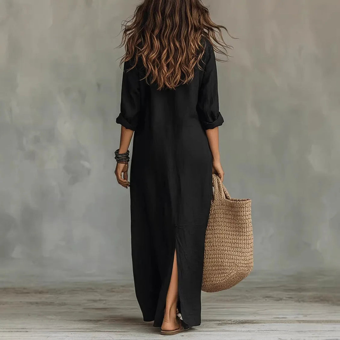 Romy Damen Leinen Hemdblusenkleid in Schwarz, knöchellang mit Dreiviertelärmeln und seitlichem Schlitz.