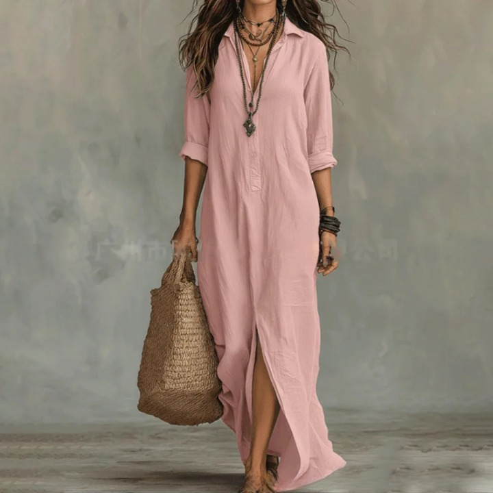 Romy Damen Leinen Hemdblusenkleid in Rosa, knöchellang, mit Dreiviertelärmeln und Umschlagkragen.