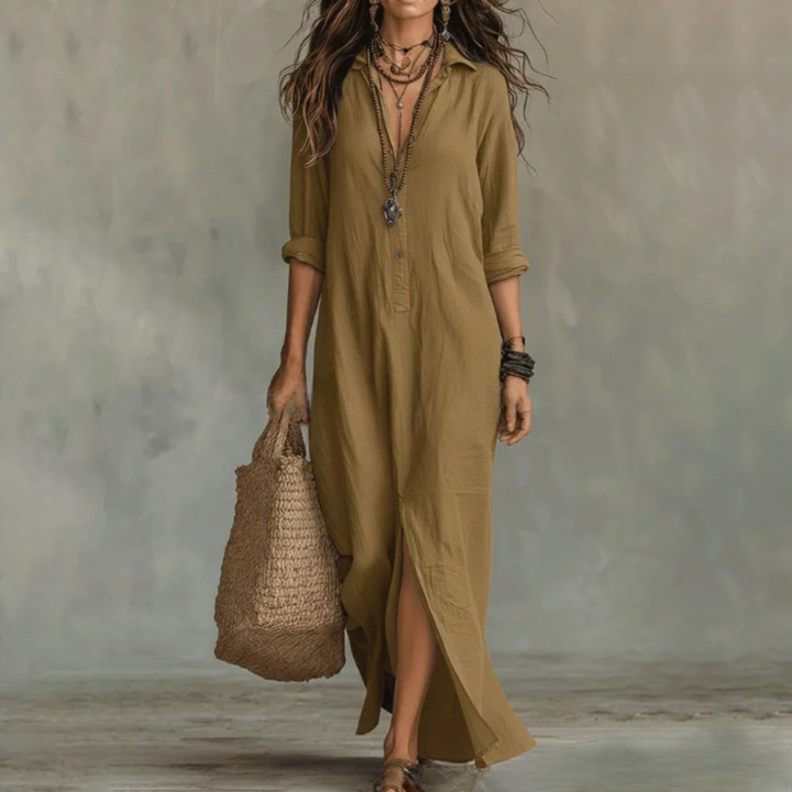 Romy Damen Leinen Hemdblusenkleid in Khaki mit Dreiviertelärmeln, Umschlagkragen und seitlichem Schlitz.