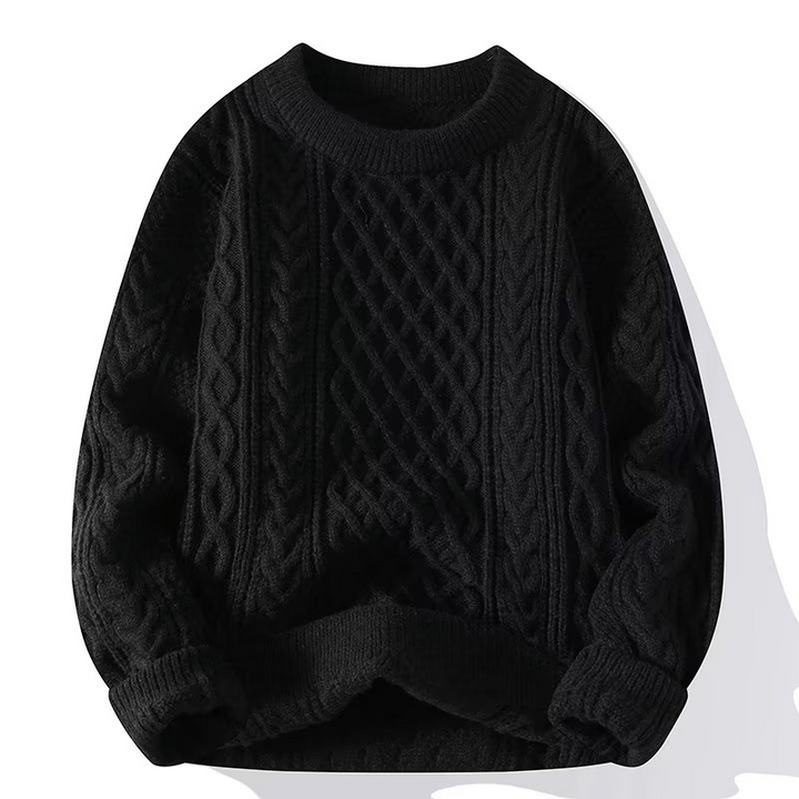 Schwarzer Damen-Strickpullover Ronja mit klassischem Zopfmuster, Rundhalsausschnitt und bequemer Passform.