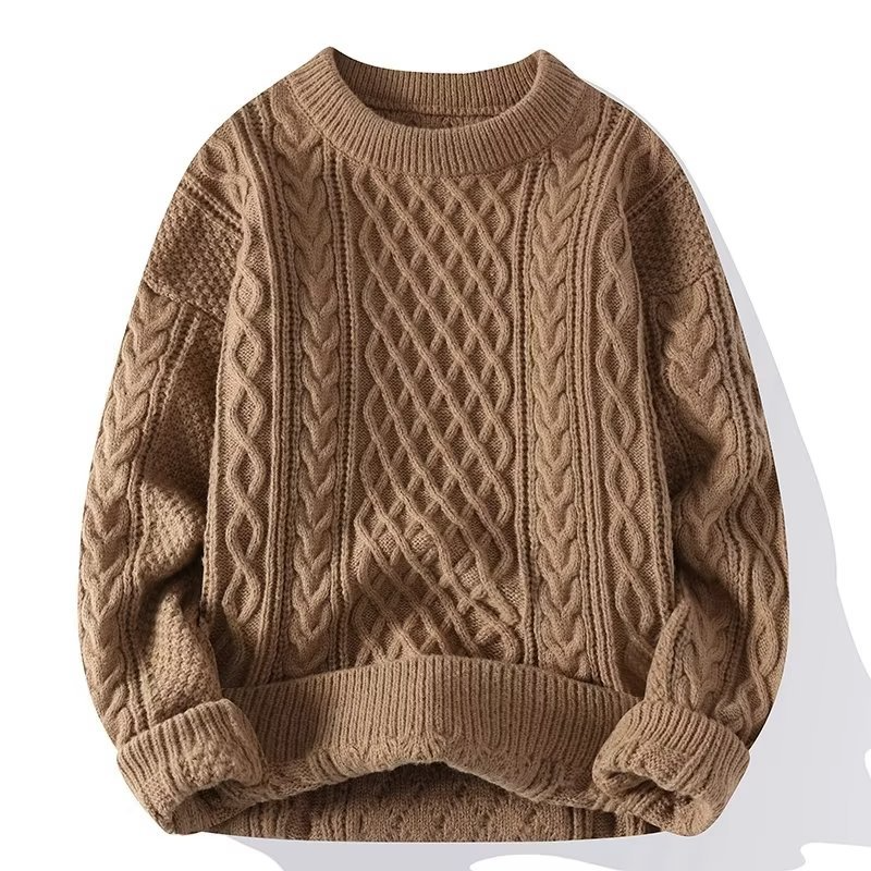 Beiger Damen-Strickpullover Ronja mit klassischem Zopfmuster, Rundhalsausschnitt und gemütlicher, lockerer Passform.