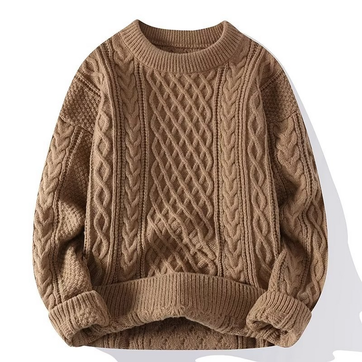Beiger Damen-Strickpullover Ronja mit klassischem Zopfmuster, Rundhalsausschnitt und gemütlicher, lockerer Passform.
