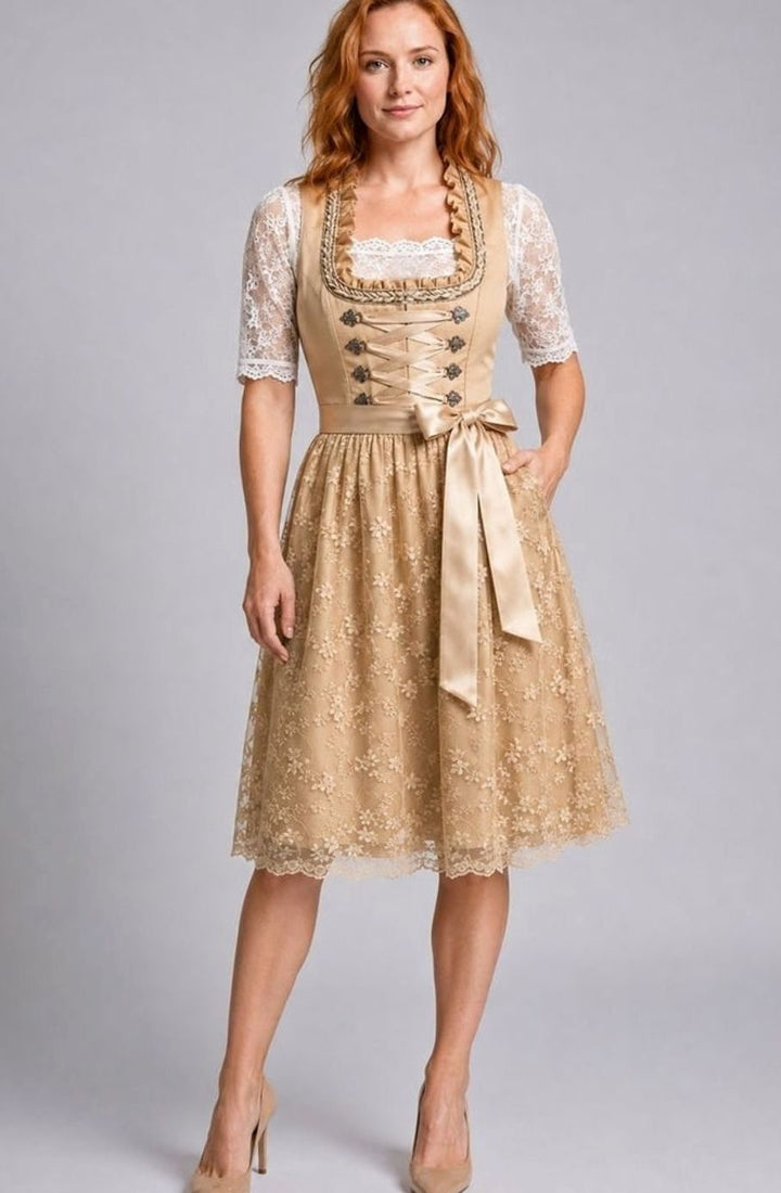 Rosa | Damen Oktoberfest Dirndlkleid Spitzenbluse floraler Spitzenrock
