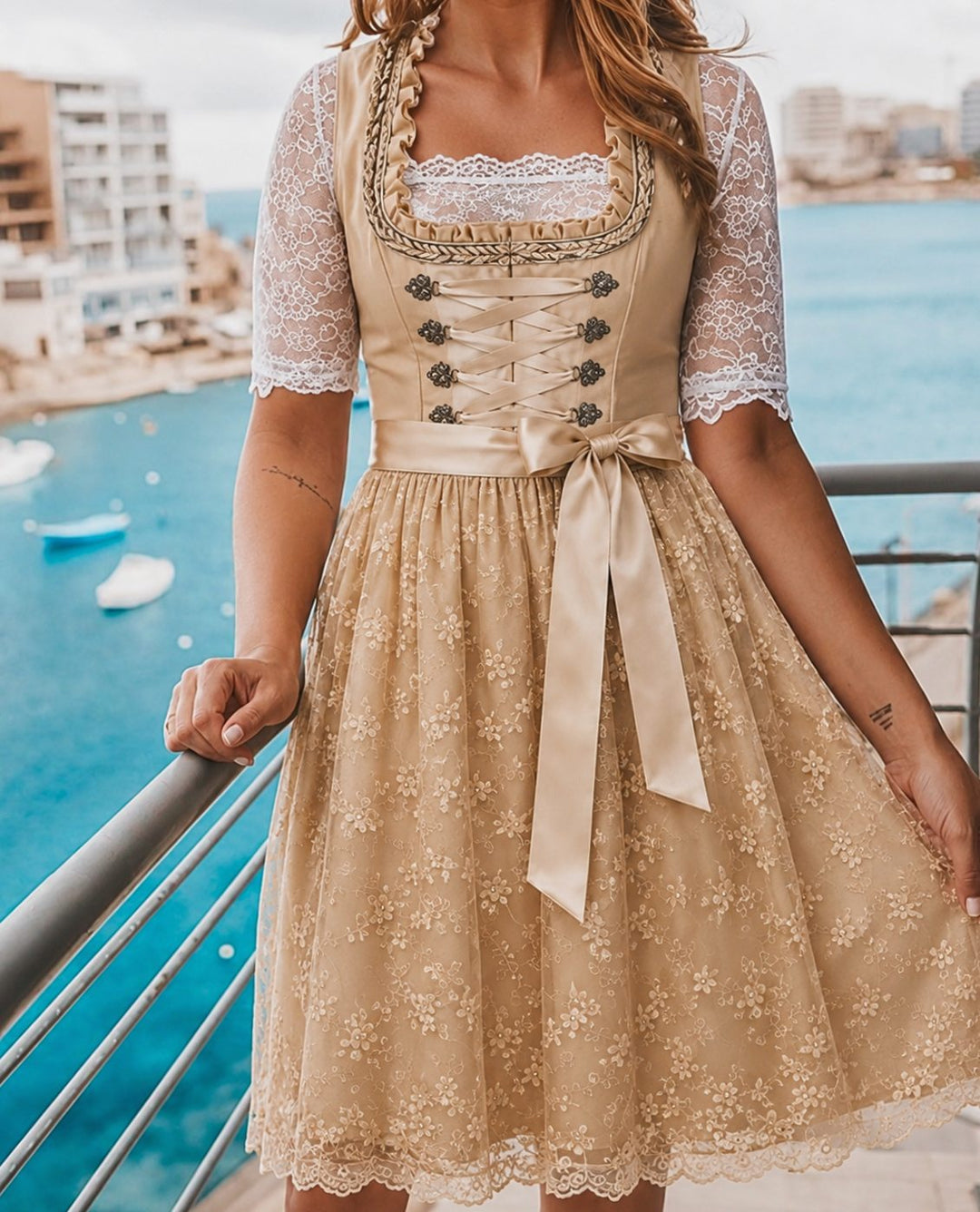 Rosa | Damen Oktoberfest Dirndlkleid Spitzenbluse floraler Spitzenrock