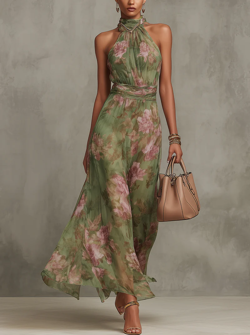 Grünes Neckholder-Maxikleid mit rosa Blumenmuster und betonter Taille.