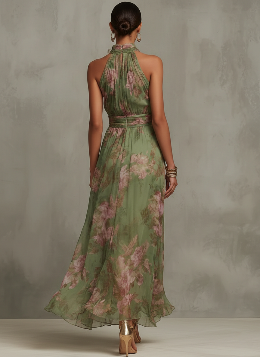 Grünes Sabrina Neckholder-Maxikleid mit floralem Muster in Rückansicht