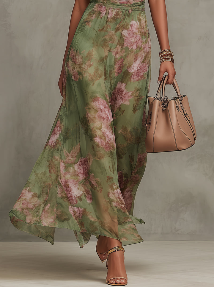 Grünes Sabrina Maxikleid mit rosa Blumenmuster und fließendem Chiffon-Stoff