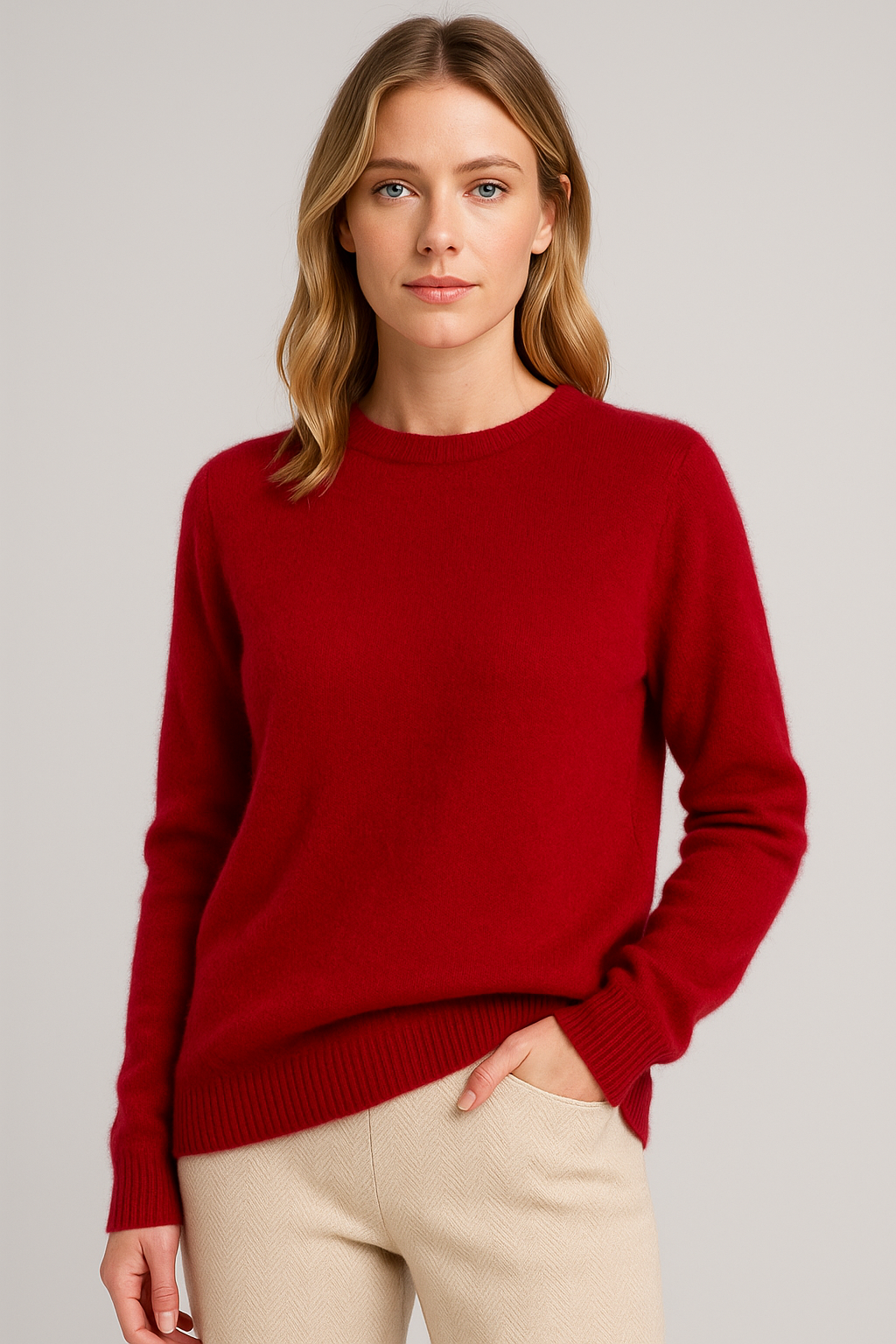 Roter Kaschmir-Pullover Sabrina mit klassischem Rundhals und gerippten Bündchen für einen eleganten, weichen Look.