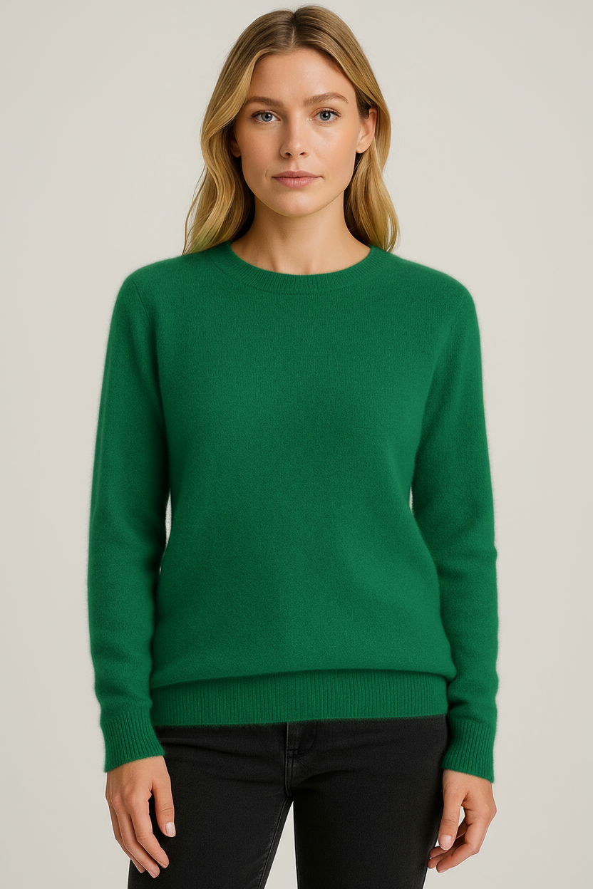 Damen Kaschmir-Pullover Sabrina in leuchtendem Grün mit klassischem Rundhals und gerippten Bündchen.