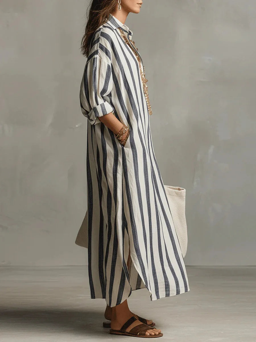 Salome | Damen Gestreiftes Leinen Hemdkleid