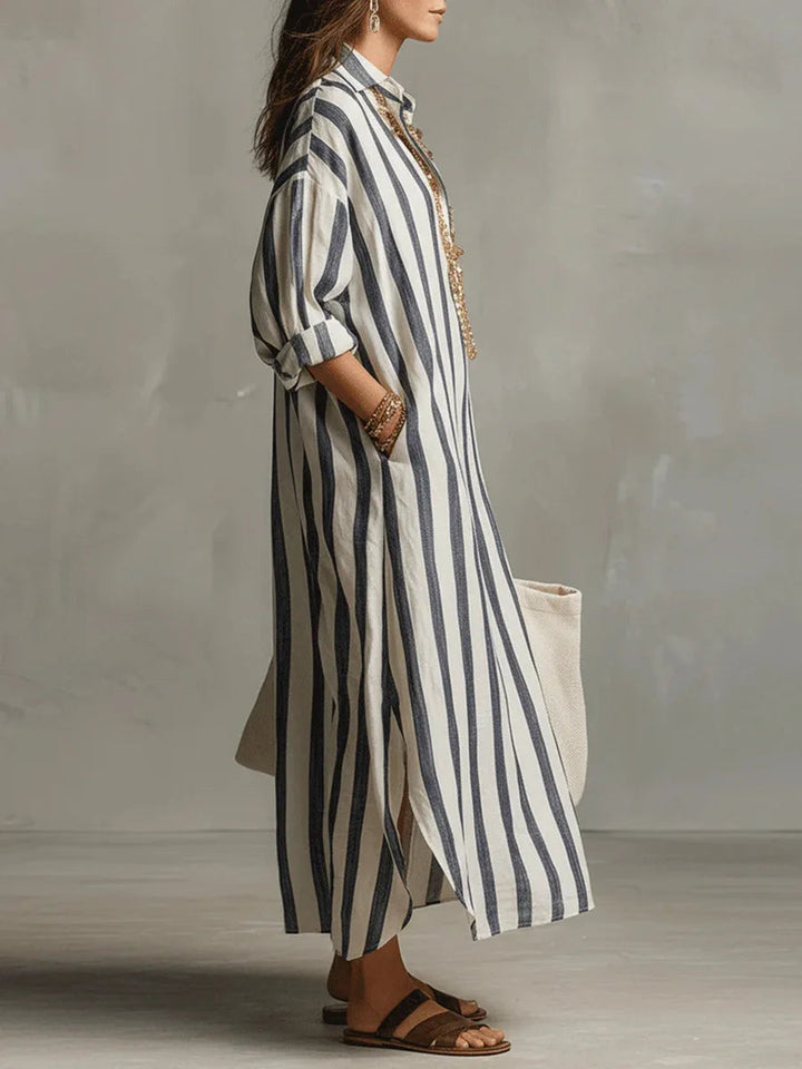 Salome | Damen Gestreiftes Leinen Hemdkleid