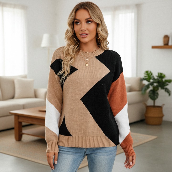 Sara Damen Strickpullover mit modernem Colourblock-Muster in Beige, Schwarz und Rostrot mit Rundhalsausschnitt.