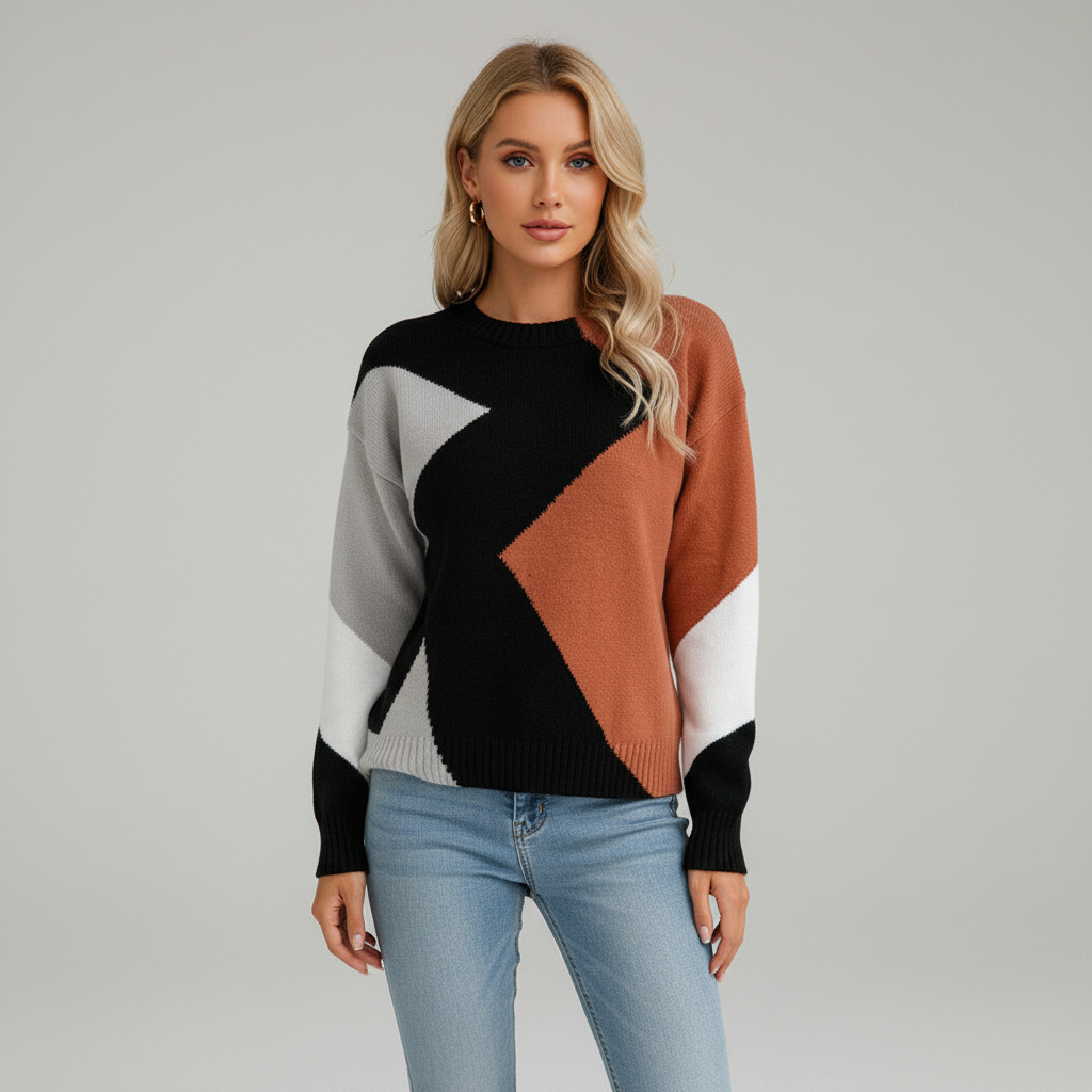 Moderner Damen-Strickpullover mit grafischem Colourblock-Muster in Schwarz, Braun, Grau und Weiß mit Rundhalsausschnitt.