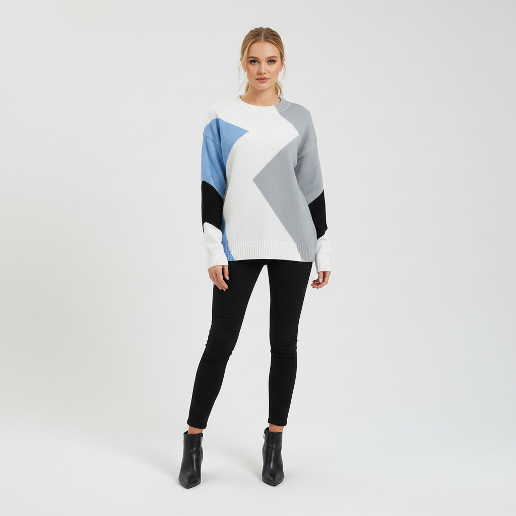 Moderner Damen Strickpullover mit grafischem Colourblock-Muster in Blau, Grau, Schwarz und Weiß mit Rundhalsausschnitt.