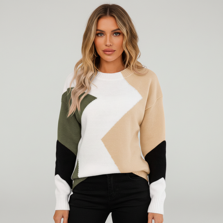 Sara Damen Strickpullover mit modernem Colourblock-Muster in Beige, Weiß, Olivgrün und Schwarz mit Rundhalsausschnitt.