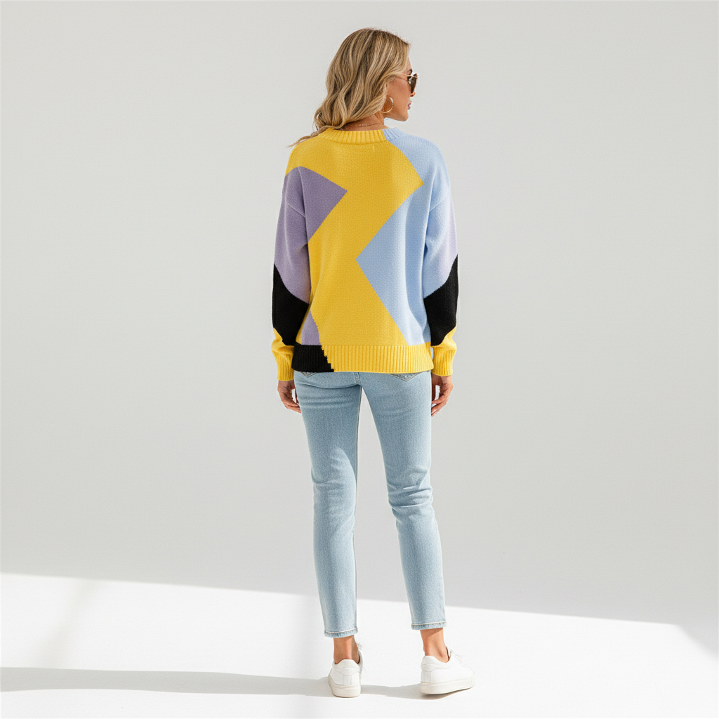 Sara Damen Strickpullover mit modernem Colourblock-Muster, Rundhalsausschnitt und weicher Struktur in Gelb, Blau und Lila.