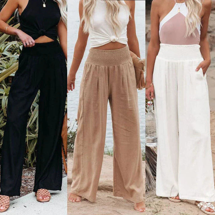 Drei Damen Leinen Sommerhosen: schwarz, beige und weiß, mit weitem Bein und elastischem Bund für entspannten Look.