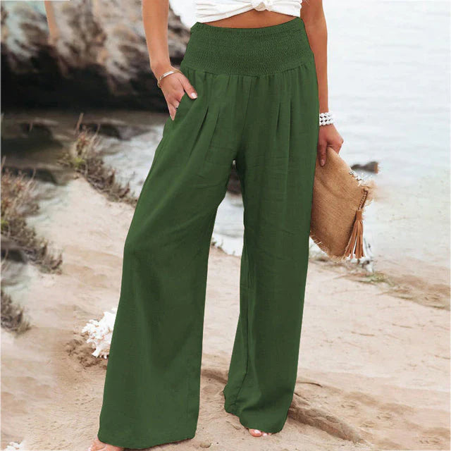 Damen Sara Leinen Sommerhose in Dunkelgrün mit weitem Bein, elastischem Bund und praktischen Taschen.