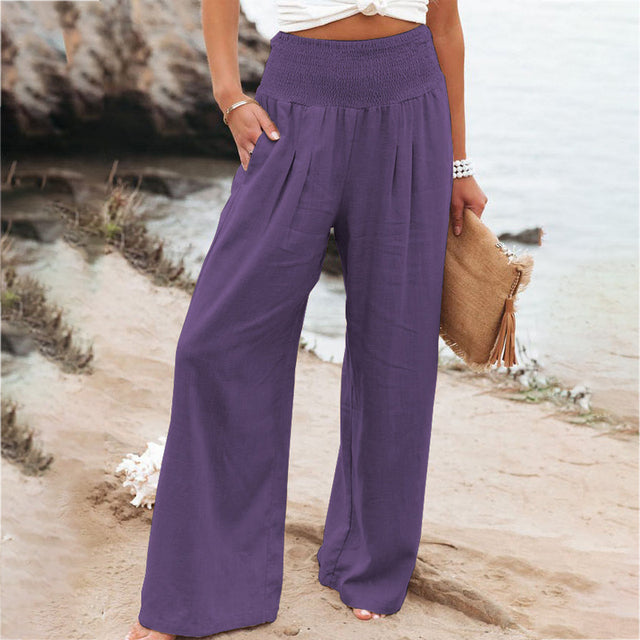 Sara Damen Leinen Sommerhose in Lila, mit weitem Bein, elastischem Bund und praktischen Taschen.