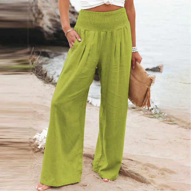 Damen Sara Leinen Sommerhose in leuchtendem Limettengrün, mit weitem Bein, elastischem Bund und praktischen Taschen.