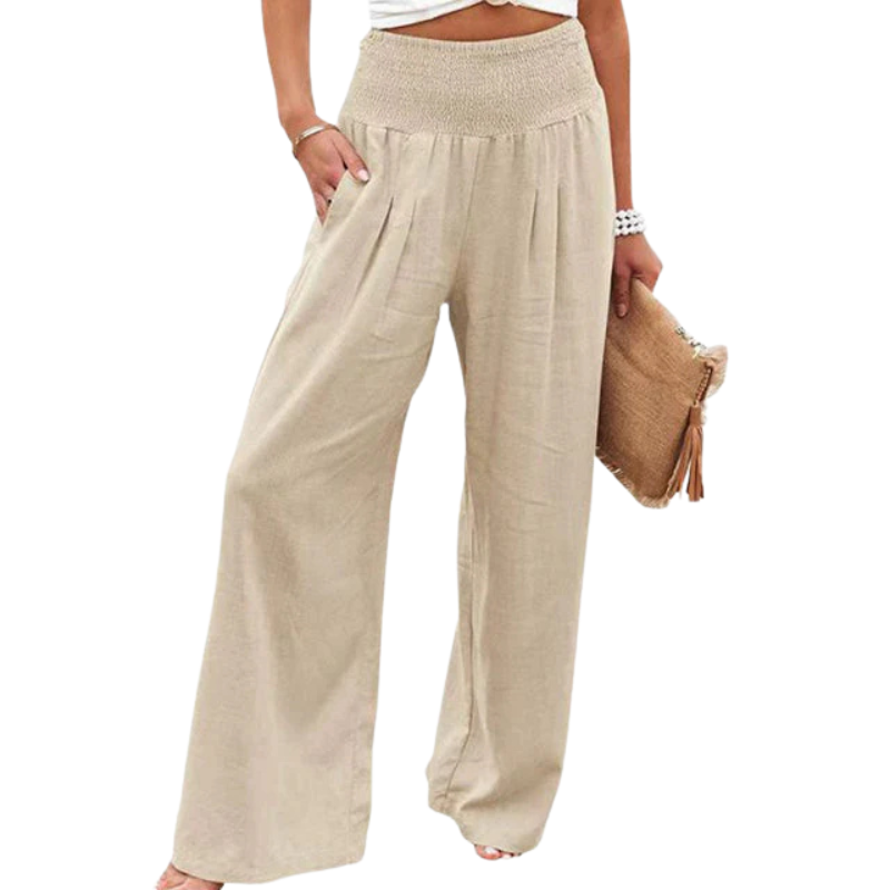 Damen Sara Leinen Sommerhose in Beige mit weitem Bein, elastischem Bund und praktischen Taschen.