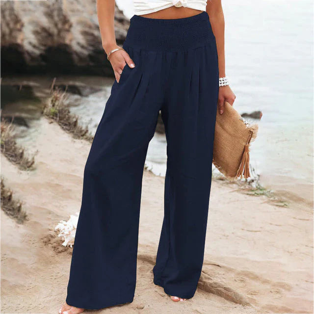 Sara Damen Leinen Sommerhose in Marineblau mit weitem Bein, elastischem Bund und seitlichen Taschen.