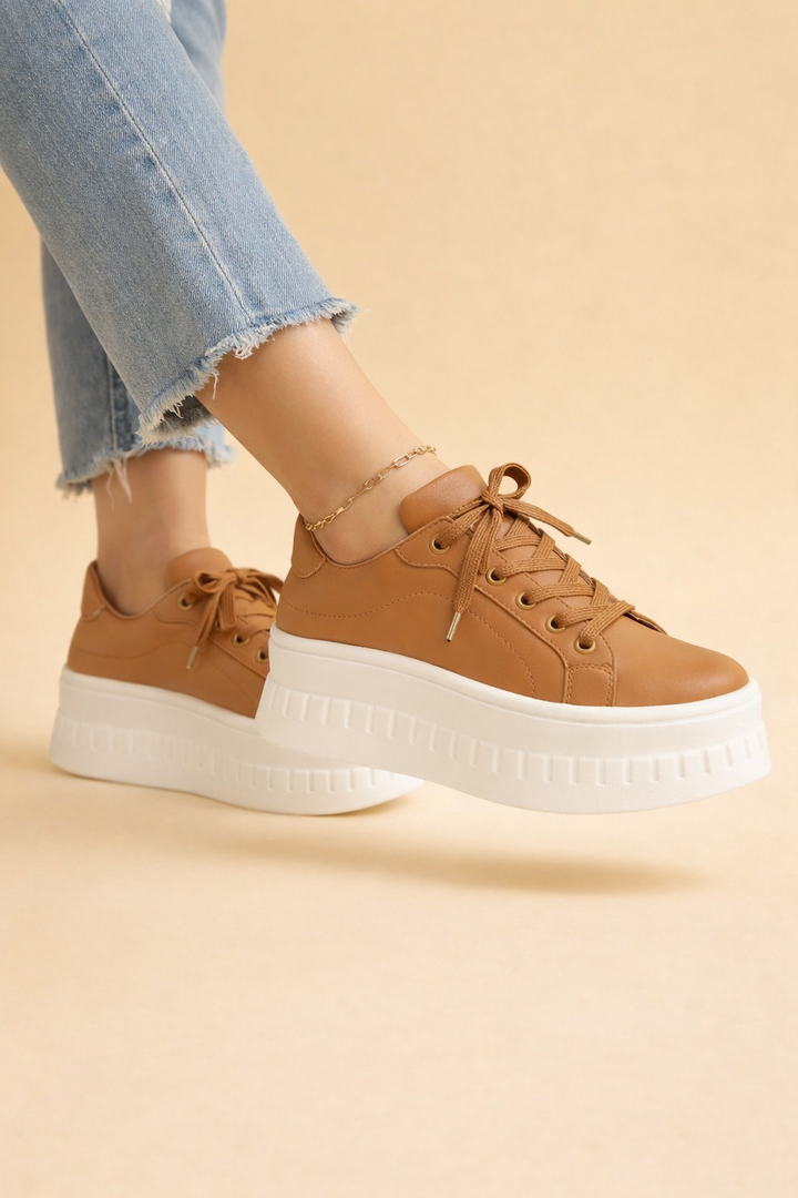Braune Selin Plateau-Sneaker mit markanter weißer Sohle und Schnürung für einen modernen, minimalistischen Look.