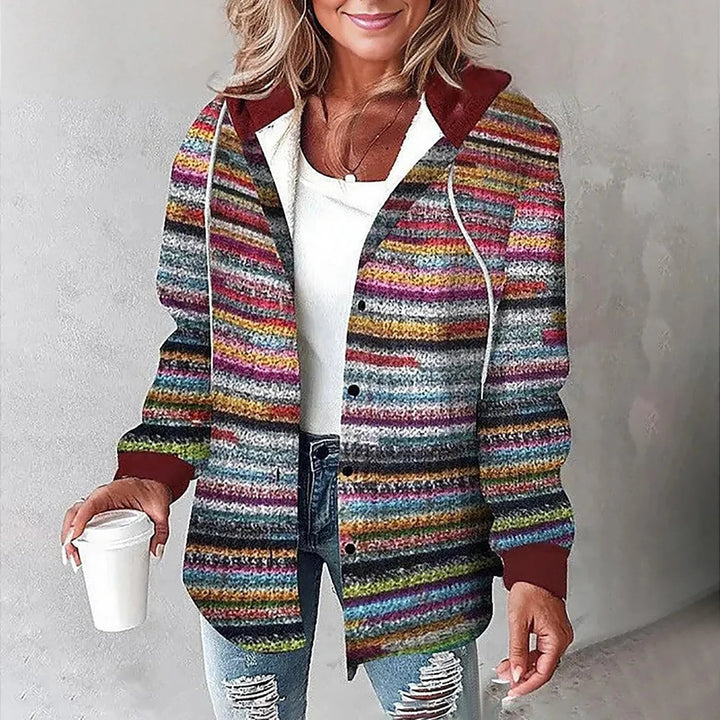 Bunte, gestreifte Kapuzenjacke für Damen mit Knopfleiste, Kordelzug und weichem Material für den Winter.