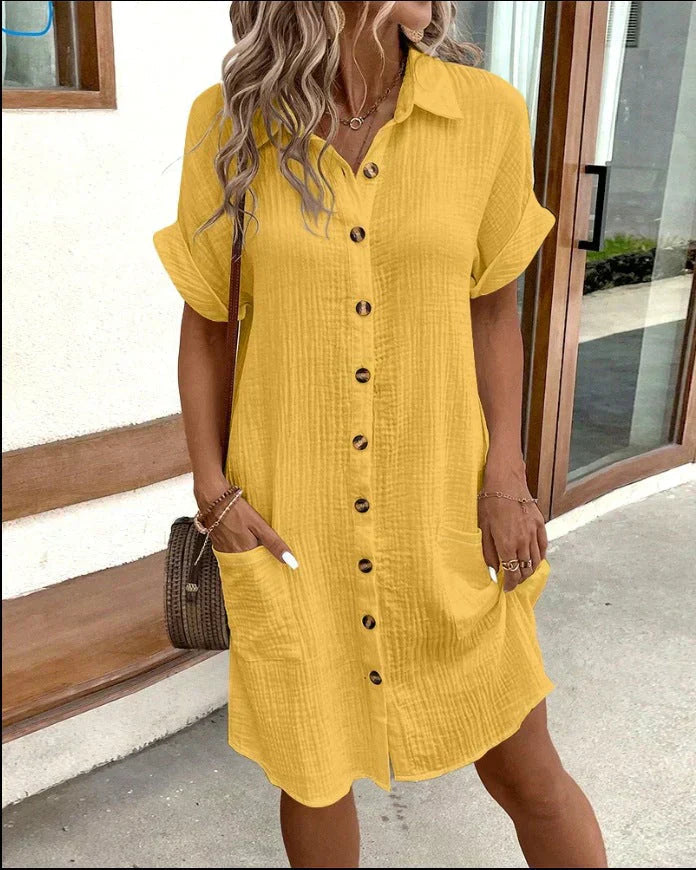 Gelbes Selma Hemdkleid aus Baumwolle mit Knopfleiste und Taschen
