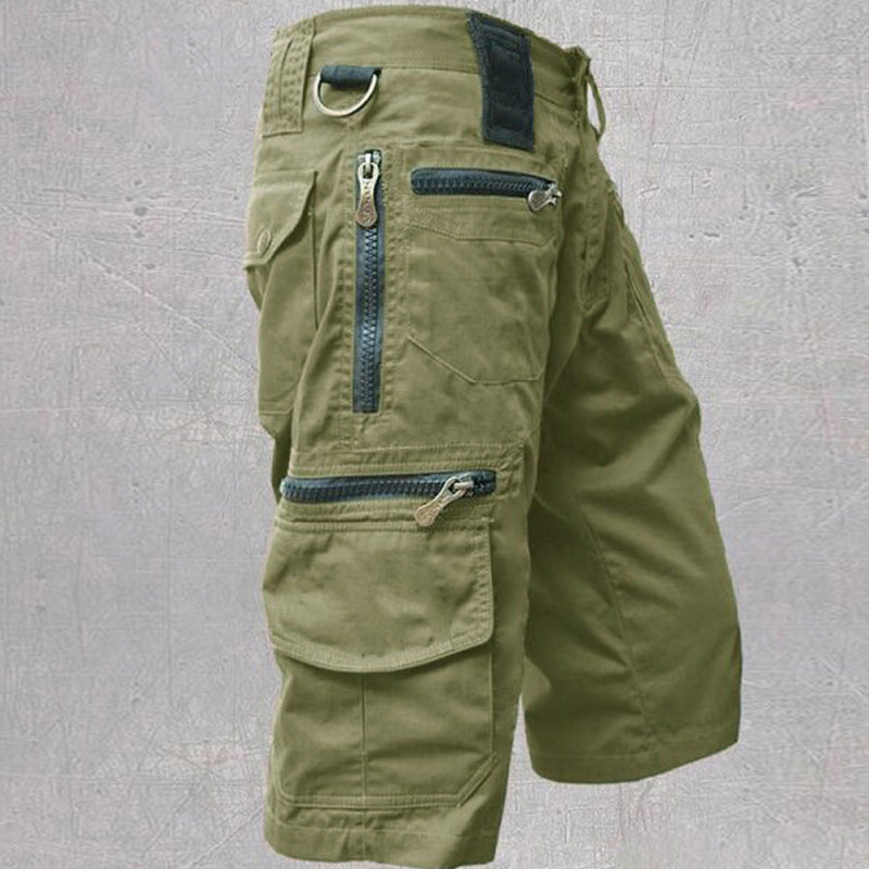Olivgrüne Herren-Cargoshorts aus Baumwolle mit Reißverschlusstaschen, D-Ring und elastischem Bund für Outdoor-Aktivitäten.