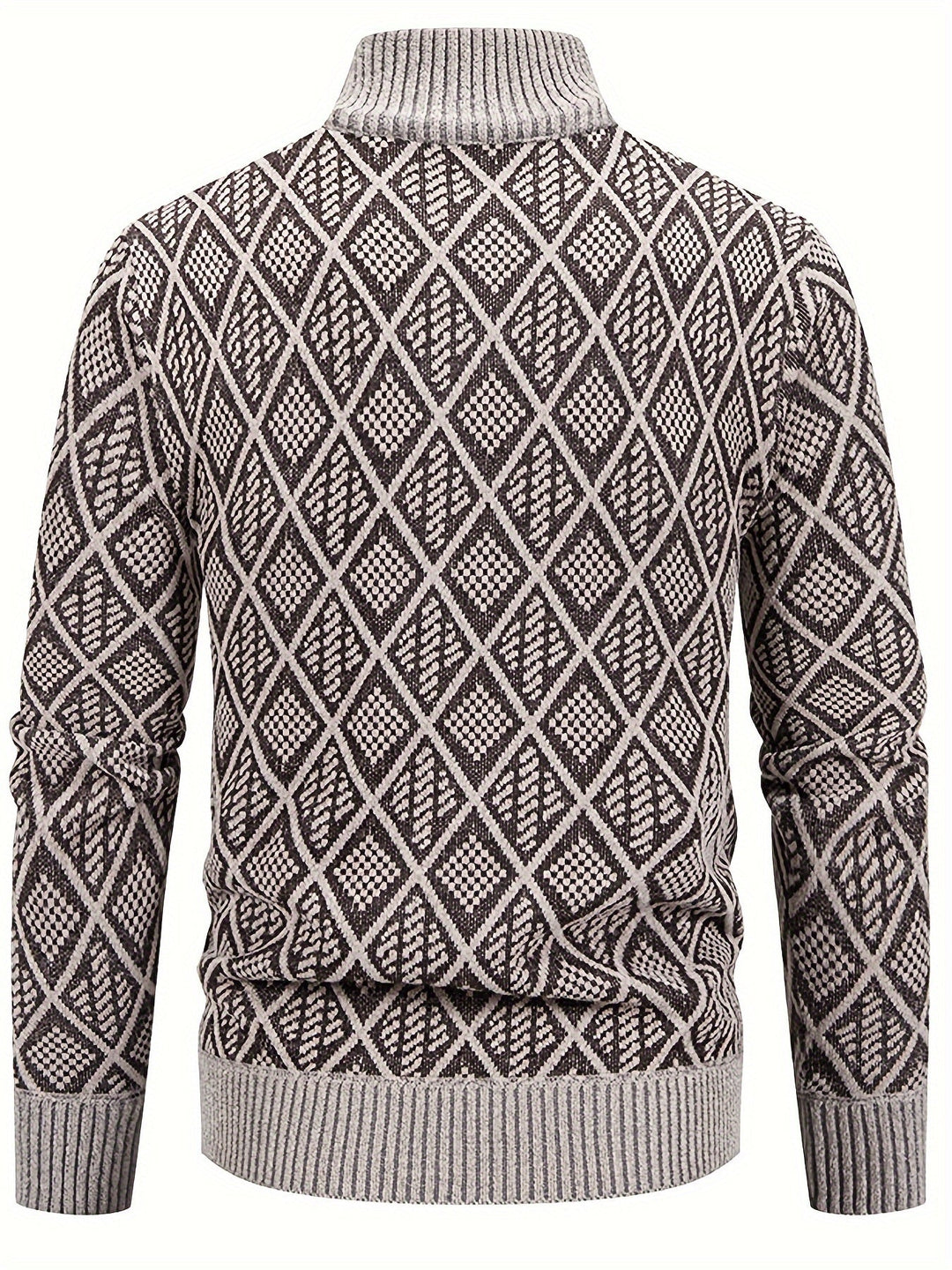 Herren Strickjacke Silvan mit Rautenmuster, Stehkragen und gerippten Bündchen in Braun und Beige.