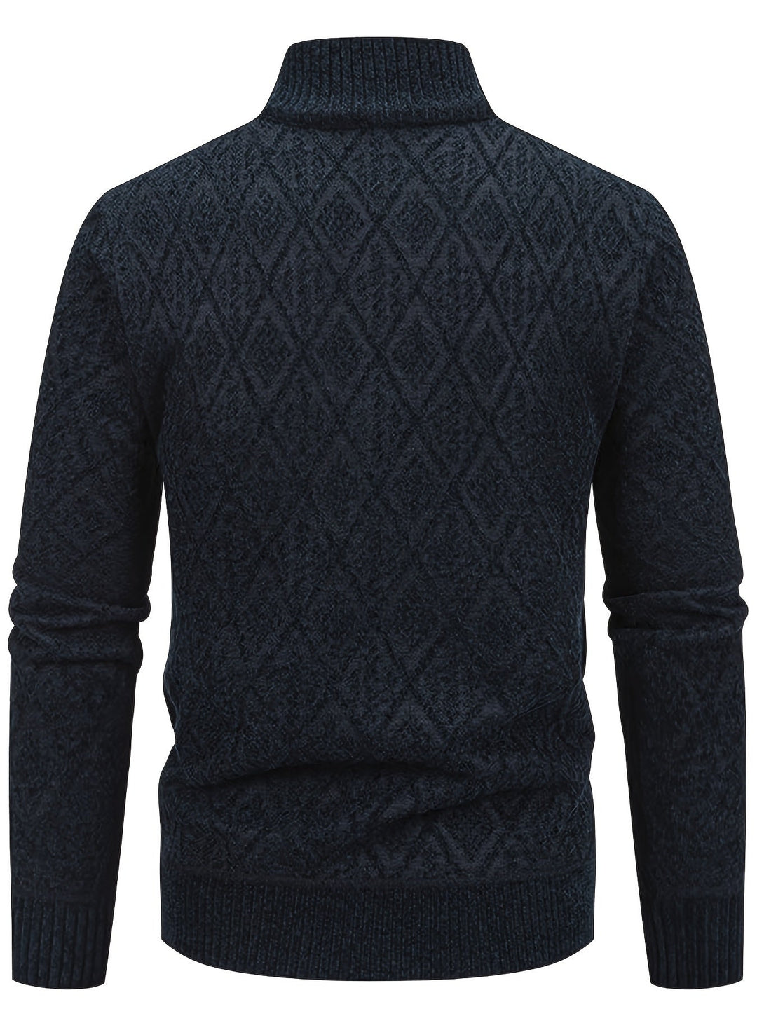 Dunkelblaue Herren-Strickjacke mit Stehkragen und strukturiertem Rautenmuster in der Rückenansicht.