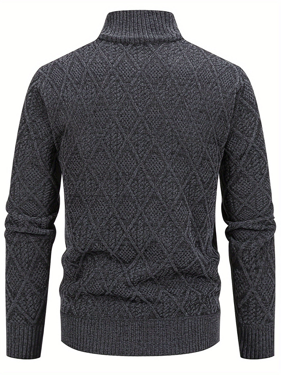 Dunkelgraue Herren-Strickjacke mit Stehkragen und strukturiertem Rautenmuster in der Rückenansicht.