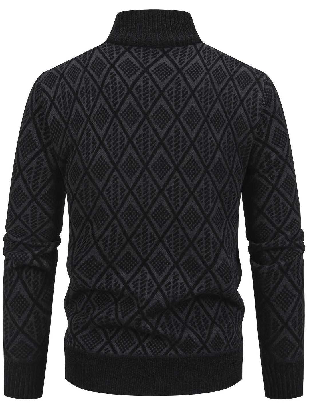 Schwarze Herren-Strickjacke mit Stehkragen und strukturiertem Rautenmuster in der Rückenansicht.