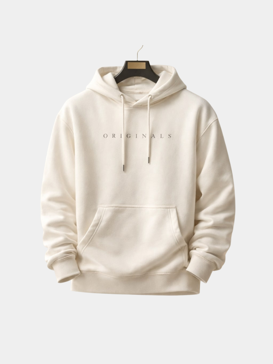 Beiger Herren-Hoodie im Relaxed Fit mit Kapuze, Kordelzug, Kängurutasche und „ORIGINALS“-Schriftzug auf der Brust.