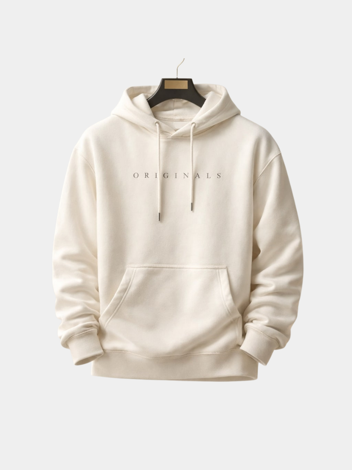 Beiger Herren-Hoodie im Relaxed Fit mit Kapuze, Kordelzug, Kängurutasche und „ORIGINALS“-Schriftzug auf der Brust.