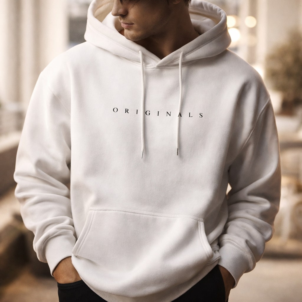 Weißer Relaxed-Fit Herren-Hoodie mit Kapuze, Kordelzug, Kängurutasche und schwarzem Originals-Schriftzug auf der Brust.