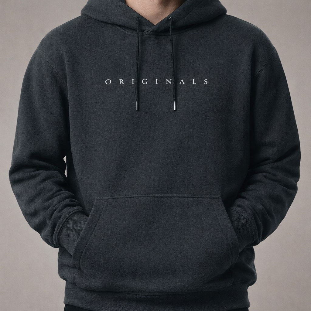 Schwarzer Relaxed-Fit Herren-Hoodie mit Kapuze, Kängurutasche und weißem Originals-Schriftzug auf der Brust.