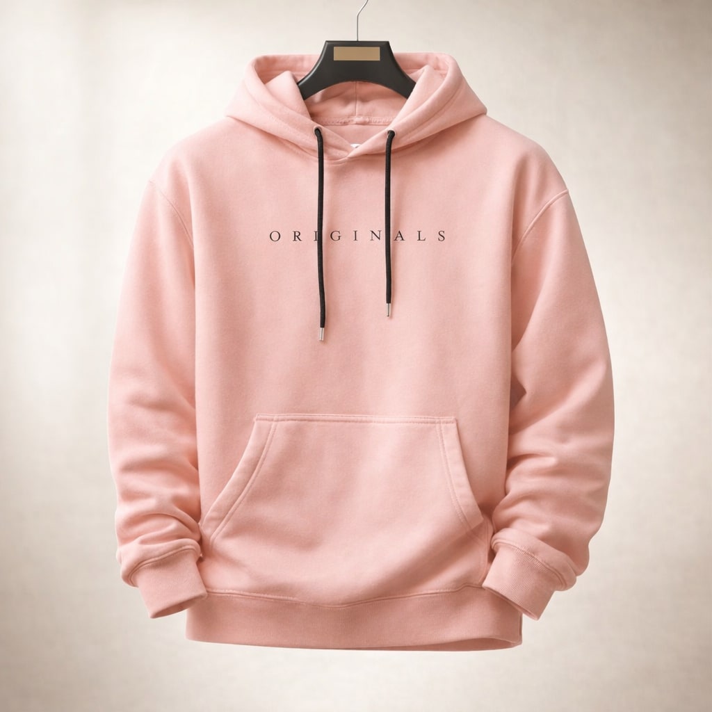 Hellrosa Herren-Hoodie im Relaxed Fit mit Kapuze, Kordelzug und Kängurutasche sowie schwarzem Originals-Schriftzug.