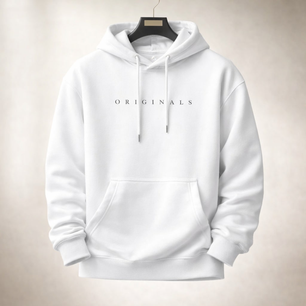 Weißer Herren-Hoodie im Relaxed Fit mit Kapuze, Kordelzug, Kängurutasche und schwarzem Originals-Schriftzug auf der Brust.